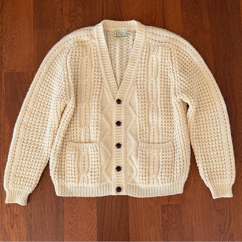 Vintage Irish Wool Gaeltarra Fisherman Knit Cardigan Sweater Hand Loomed  XL